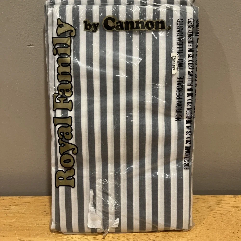 Vtg NOS Cannon Royal Family Gray Striped Standard/Queen Pillowcases